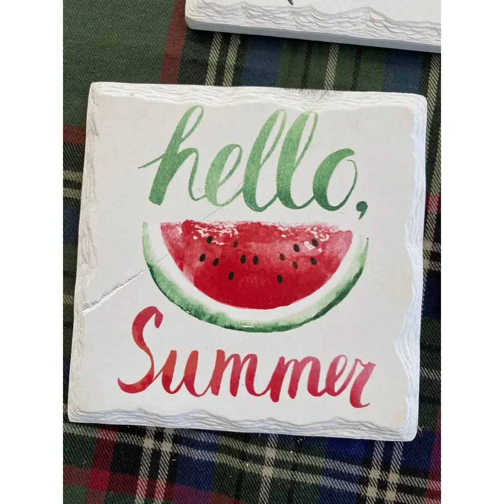 Painted Slate Summer Cork Backed Coasters Set‎ of 3 Watermelon Motif